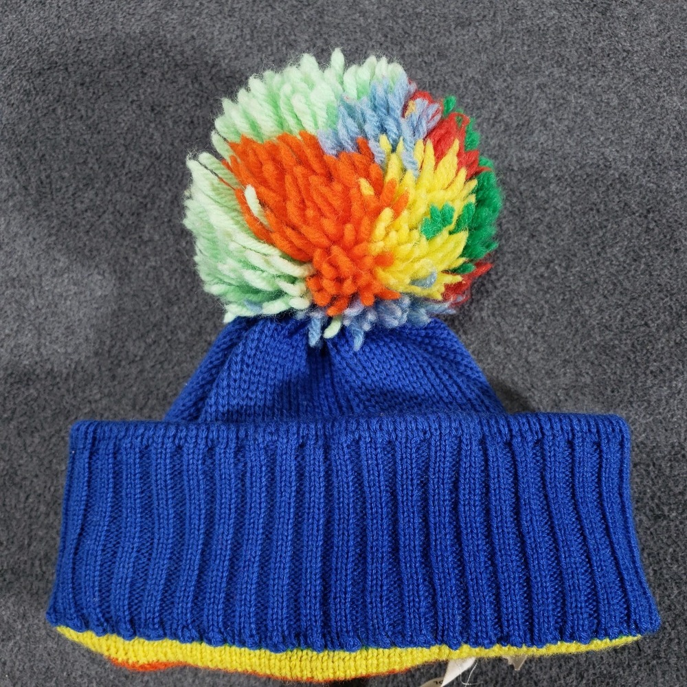 Smiley 100% Wool Beanie Toque Ski Pom Pom Hat Blue Rainbow - Picture 7 of 7